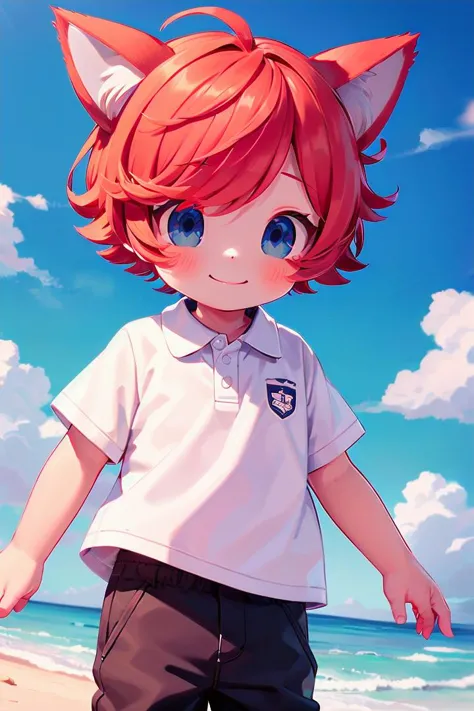 beach, smile, ( crimson cat ears:1.4), (red ears), multicolored hair,1 boy, male face, male body, more details in eyes, very short hair, hair between eyes, cute, adorable boy, cute face, detailed face, handsome, young, juvenile, colorful hair, white skin, colorful eyes, multicolored eyes, eyeshadow, crew cut, crimson hair, (muscular:0.4),(male focus:1.3),
details sky, ((masterpiece:1.4,best quality)), multiple details, looking at viewer,  blue eyes, full shot,
(pants), (white polo shirt),
<lora:thebrushking:0.5> thebrushking,