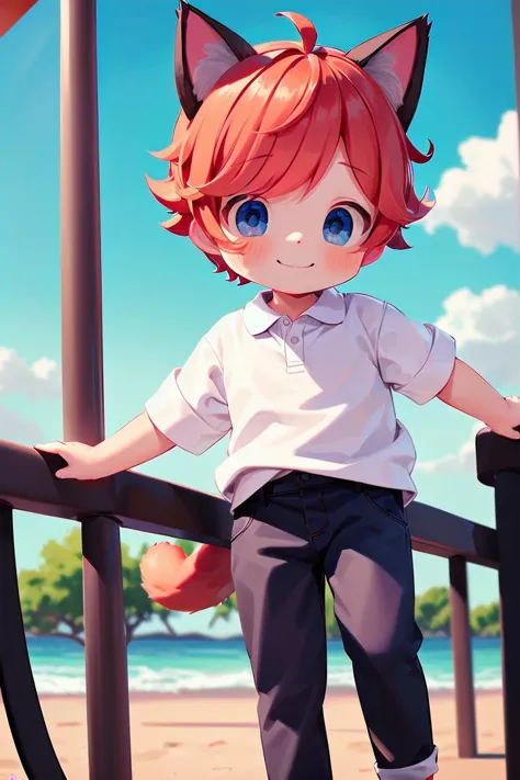 beach, smile, ( crimson cat ears:1.4), (red ears), multicolored hair,1 boy, male face, male body, more details in eyes, very sho...