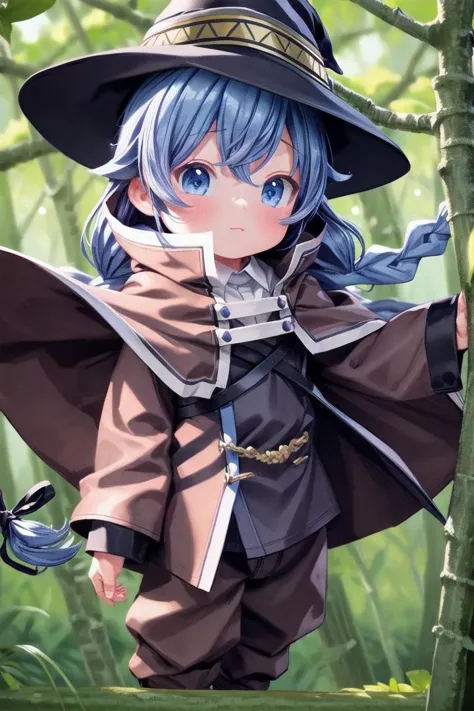 a cartoon image of a girl in a witch costume standing in a forest