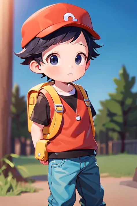 1 boy,more details in eyes,cute,looking at viewer, adorabel boy,cute face,details sky,handsome,young,juvenile,((masterpiece:1.4,best quality)),multiple details,colorful hair,eyeshadow,sfw,   <lora:RedLora:0.4>, (red \(pokemon\):0.6), black hair
black shirt, red vest, red hat, jeans,yellow backpack
<lora:thebrushking:0.5> thebrushking,