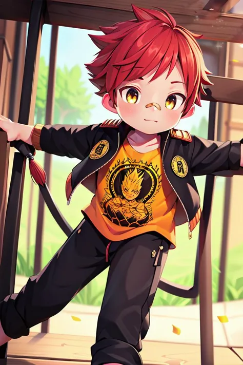 The soft lighting and detailed surroundings create an immersive environment where imagination runs wild <lora:aizen-000007:0.7> 1boy, petitie, male focus, yellow_shirt, jacket, (bandaid on nose:0.5), aizen kunitoshi, red hair, spiky hair, yellow eyes, soft smile,young, juvenile,little boy, sparkling eyes, energetic eyes,
<lora:thebrushking:0.45> thebrushking,