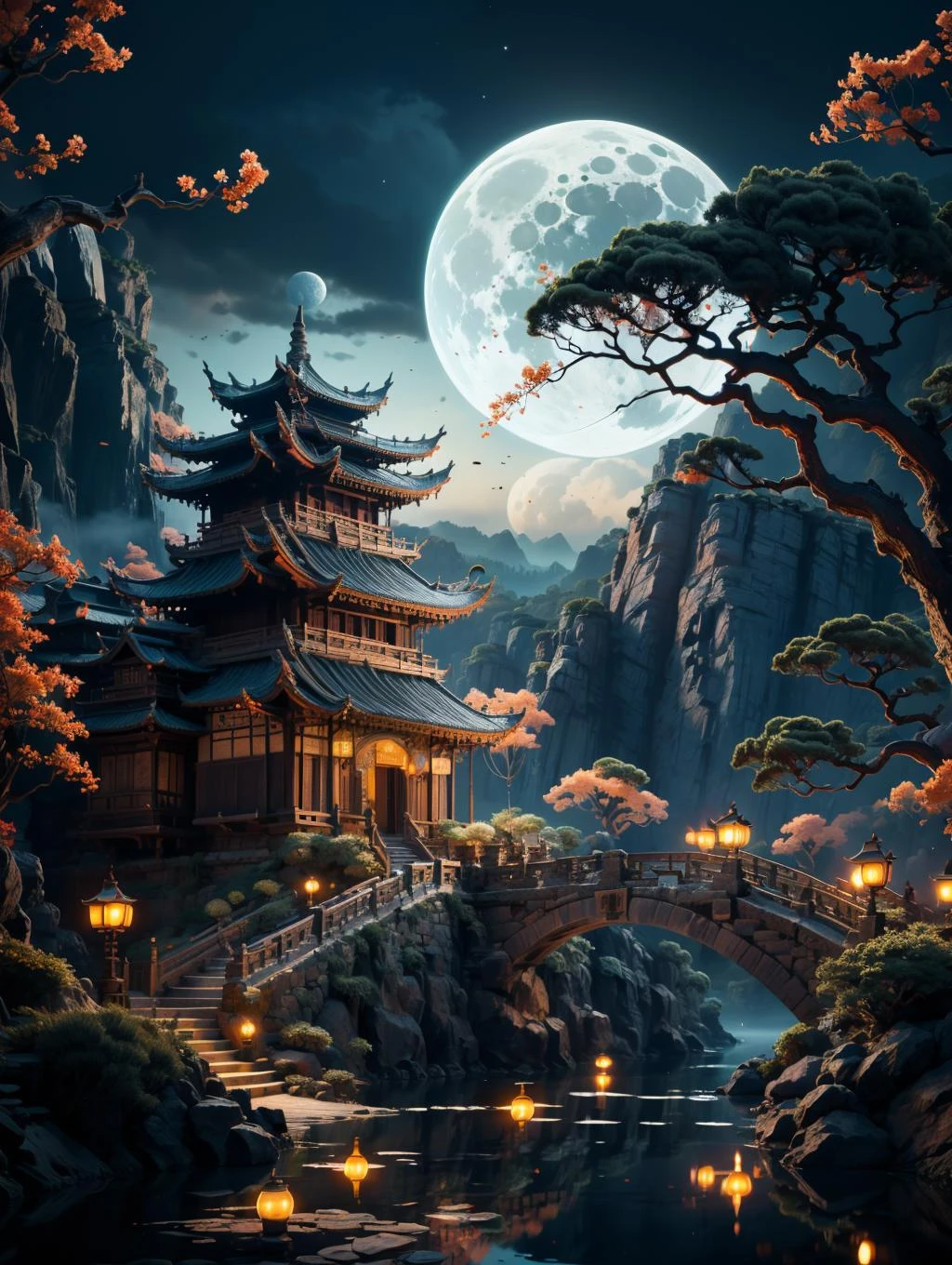 bj_Ancient_ciudad,al aire libre,cielo,agua,árbol,No_humanos,noche,luna,edificio,escenario,lleno_luna,reflexión,lantern,escaleras,montaña,arquitectura,puente,este_asian_arquitectura,pagoda,
iluminación cinematográfica,fuerte contraste,Alto nivel de detalle,mejor calidad,Obra maestra,