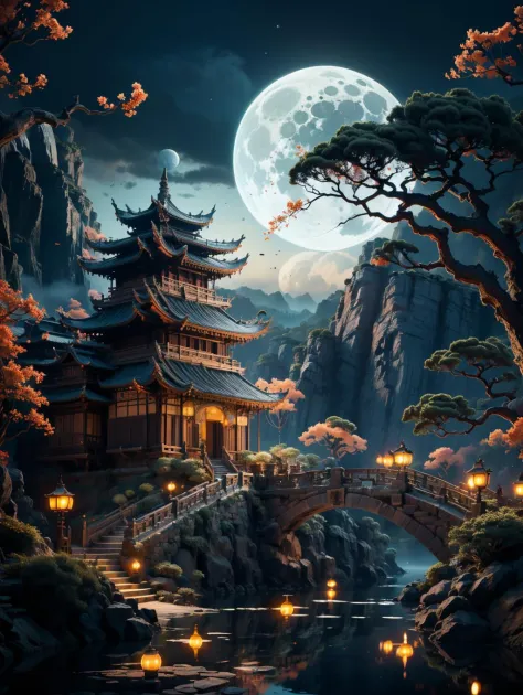 BJ_Ancient_city,outdoors,sky,water,tree,no_humans,night,moon,building,scenery,full_moon,reflection,lantern,stairs,mountain,archi...