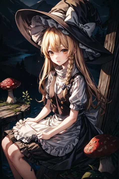 <lora:marisa:0.7> kirisame marisa, 1girl, blonde hair, witch hat, yellow eyes, long hair, vest, apron, bow, short sleeves, hat bow, braid, puffy sleeves, skirt, landscape, crowded  of mushrooms, by Paul Zizka