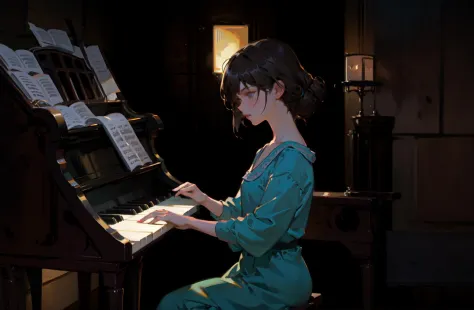 a painting of a girl playing a piano, a photorealistic painting by Mandy Jurgens, deviantart, figurative art, detailed painting,...