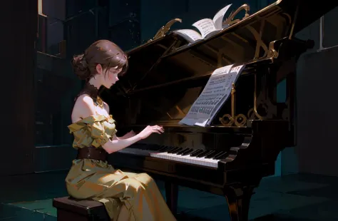 a painting of a girl playing a piano, a photorealistic painting by Mandy Jurgens, deviantart, figurative art, detailed painting,...