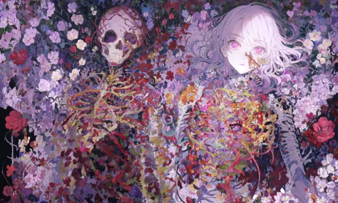 face, colorful, flowers, iridecsent, skeleton body, heart, purple, <lora:Iridescence:0.7>