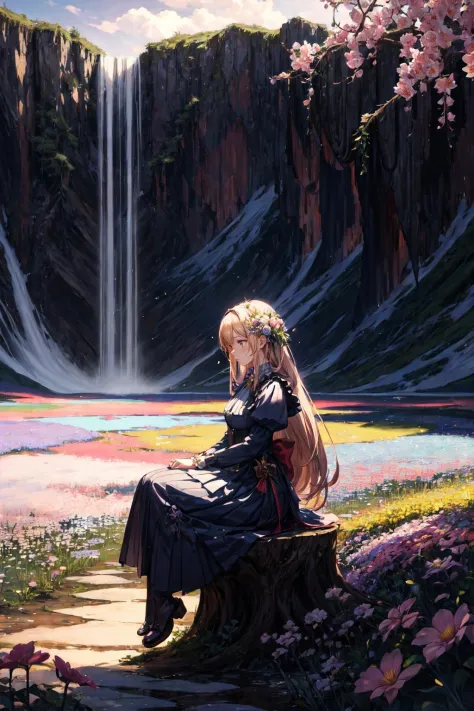 extremely detailed wallpaper, perfect anime illustration, , a girl sits on a stump, shoulders, long curvy hair, pinafore dress, ...