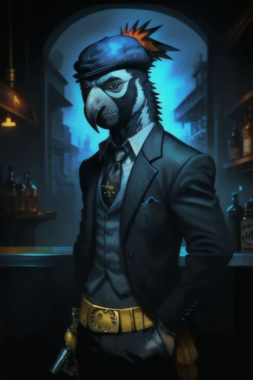 Parrot, Gangster, smoking, Darkness light, Bar, looking in camera, Black parrot, gangster heat, {{{Cockatiel}}} 