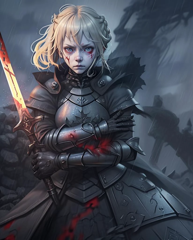 1girl, ahoge, armor, armored dress, artoria pendragon \(fate\), blonde hair, blood, blood on clothes, blood on face, blood on weapon, braid, cuts, excalibur \(fate/stay night\), faulds, gauntlets, holding weapon, injury, looking at viewer, rain, realistic, saber, solo, sword, weapon 
, by paul zizka, bad-hands-5