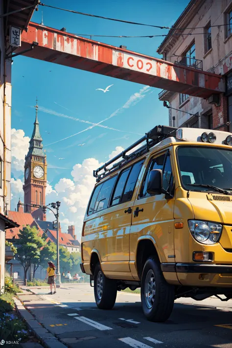 yellow van parked on the side of the road in front of a clock tower