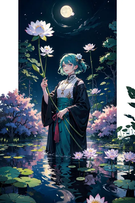 a woman in a black dress holding a flower in a pond