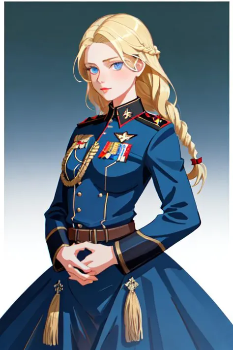 a woman in a uniform with a long blonde hair