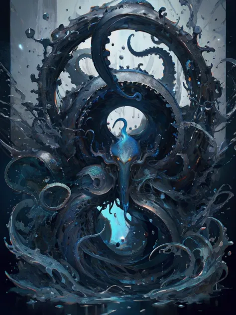 a painting of a woman in a blue dress surrounded by tentacles