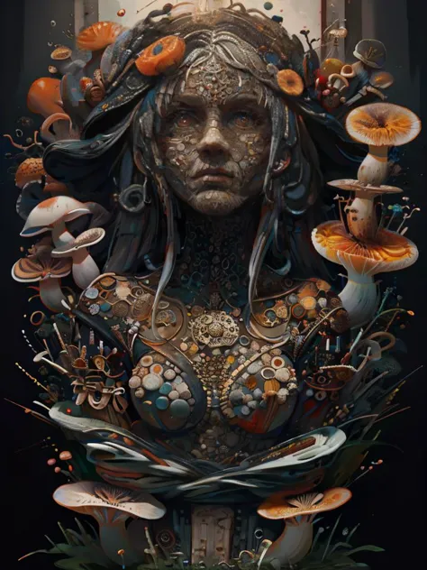 lovecraftian horror with incomprehensible form made of mushroomz, symbols, intricate details, colorful, abstract, realism  <lora...