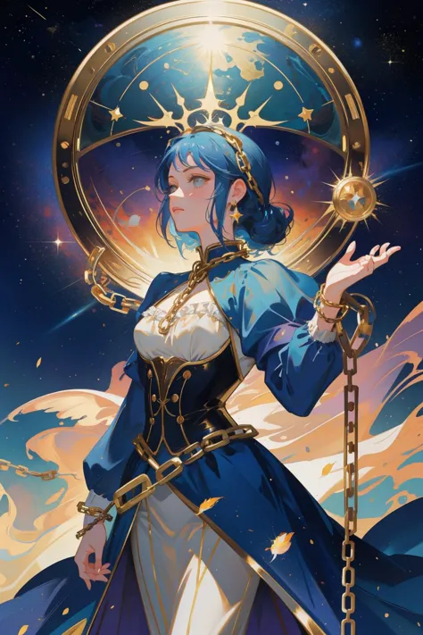 a woman in a blue dress holding a golden star