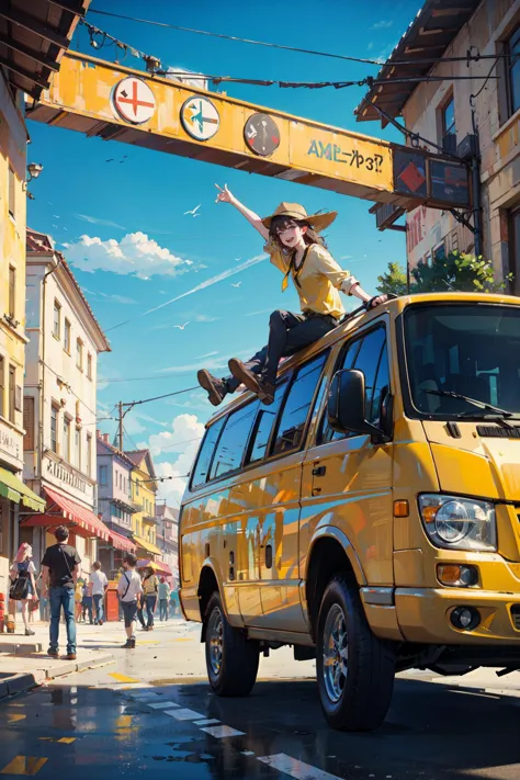 yellow van with a man on top of it driving down a street