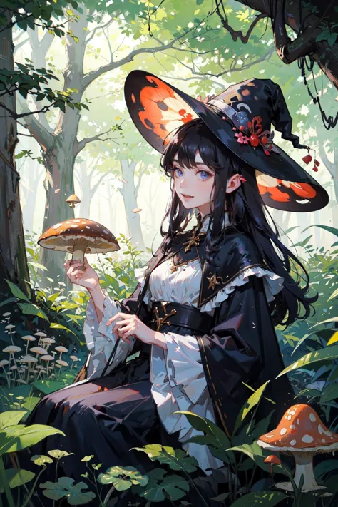 a woman in a witch hat sitting in the woods with mushrooms