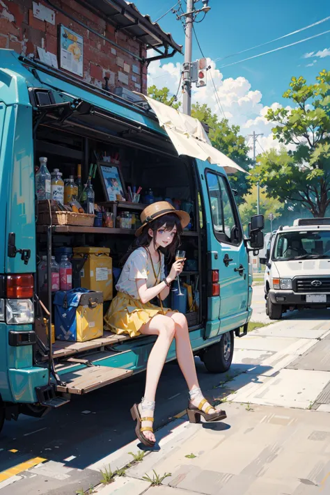 anime girl sitting in the back of a van with a basket of food