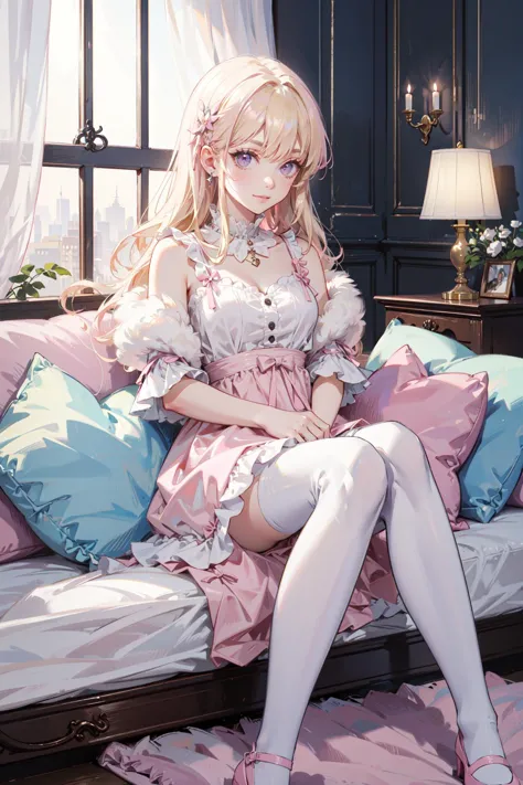 anime girl sitting on a bed with a teddy bear in her lap