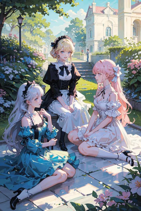 ((best quality, masterpiece, absurbres, super-resolution)) Pastel, Pastel Blue, Pastel Pink, Pastel Yellow, 3 Girls, Rolita Style, Garden Setting, Soft Sunlight, Elegant Poses