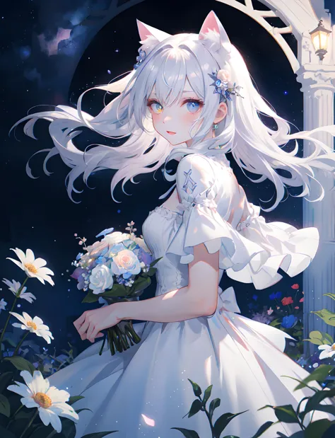 1 KAWAII cat girl. white gothic dress, flower garden, starry sky, Light reflects on the skin. bouquet.
__haircolor__ hair, __hairstyle__, __eyecolor__ eye, __skin-color__ skin.
Exact Physics. Perfect anatomy, best quality. ultra detailed.