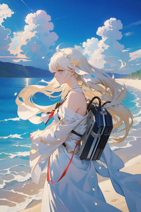 anime girl walking on the beach with a backpack