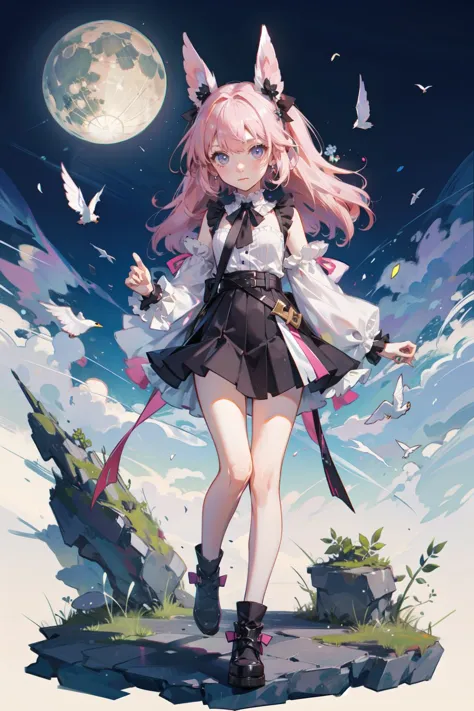 a girl with pink hair and a cat ears is standing on a rock