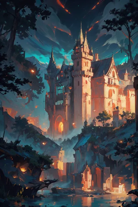 a painting of a castle in the middle of a forest