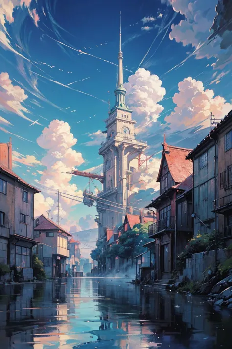 anime scenery of a river with a clock tower in the background