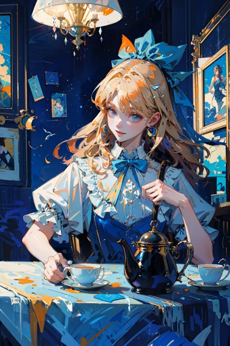 anime girl in blue dress sitting at a table with a tea pot