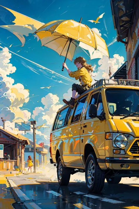 painting of a woman on top of a van with an umbrella