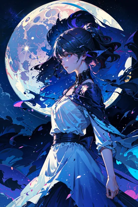 a woman in a white dress standing in front of a full moon