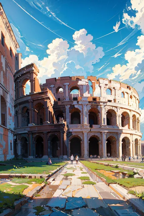 painting of a painting of a roman colossion in a city