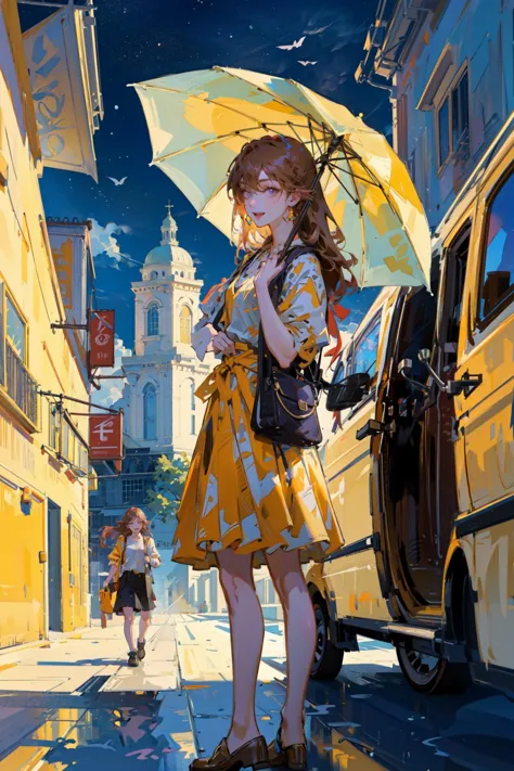 anime girl with umbrella standing on street in front of car