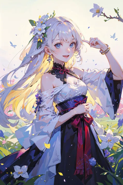 a woman in a dress and a flower crown standing in a field