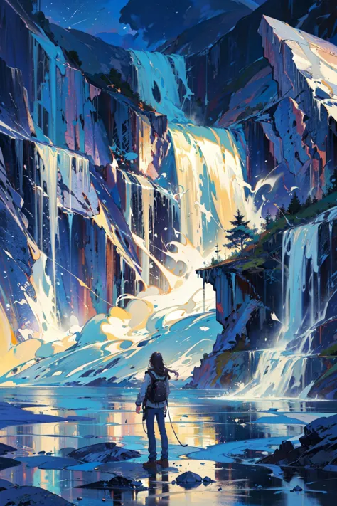 a painting of a man standing in front of a waterfall