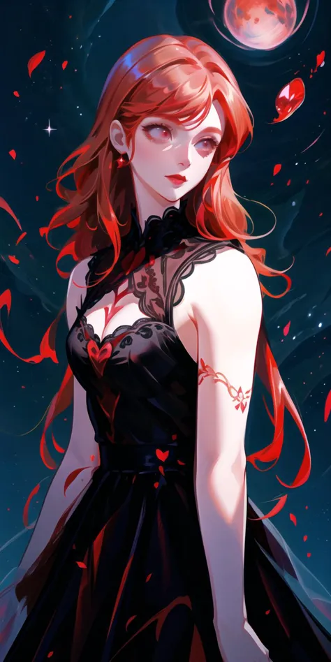 a woman with red hair and a black dress standing in front of a full moon