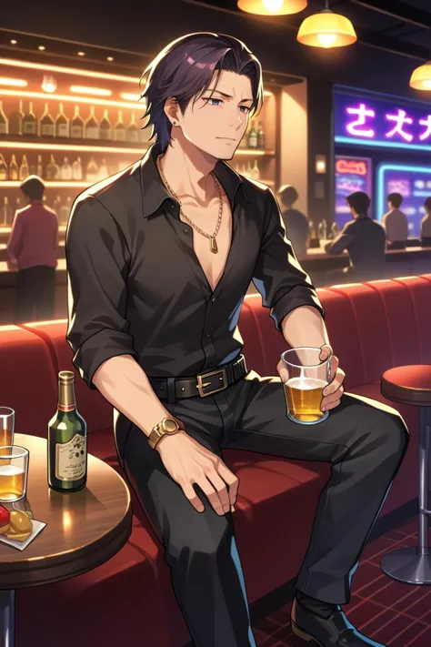 score_9, score_8_up, score_7_up, BREAK, 1boy, solo,  <lora:akiyama-guy-PONYv1:.95>, akiyama, necklace, black shirt, belt, black pants, sitting, indoors, nightclub, alcohol,