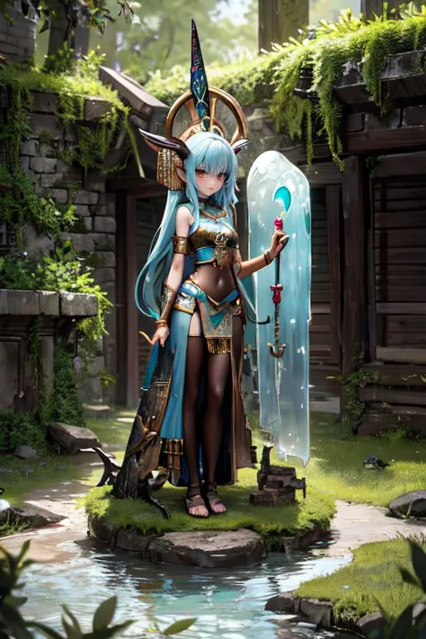 a woman in a blue outfit holding a sword and a blue shield