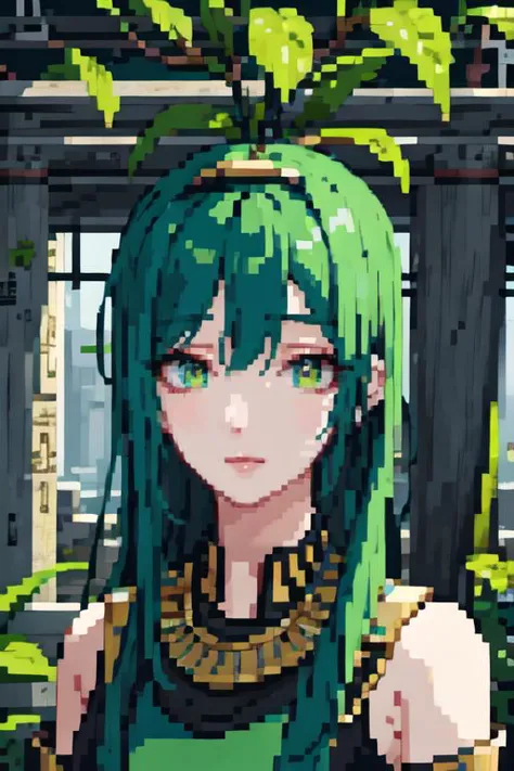 a woman with green hair and green eyes in a green dress