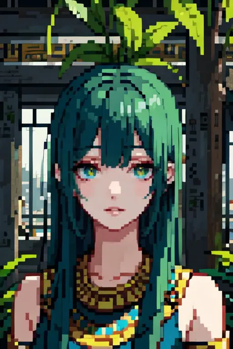 a close up of a person with long green hair and a necklace