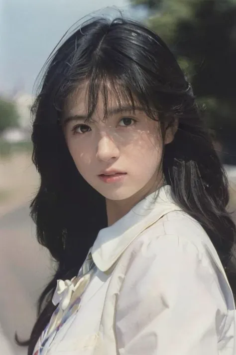 a close up of a woman with long black hair wearing a white shirt