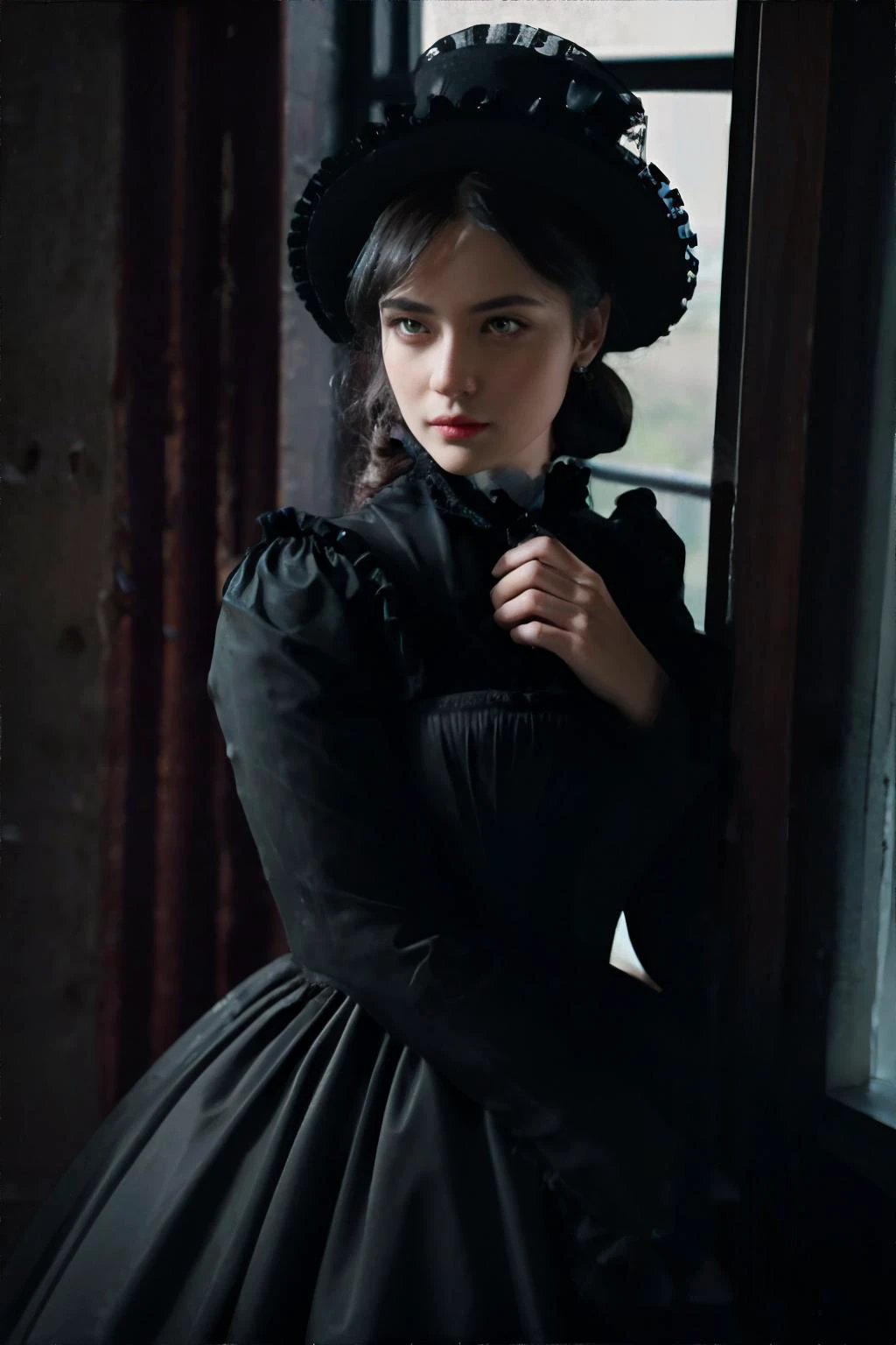 tema escuro, mulher usando vestido vitoriano, olhando pela janela || Obra de arte, qualidade perfeita, foco nitído, Profundidade superficial de campo, 8K