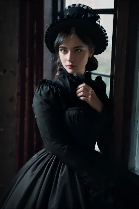 <lora:lowra:0.7>, dark theme, woman wearing victorian dress, looking out window || masterpiece, perfect quality, sharp focus, sh...