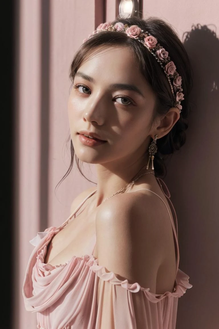 (pastel color:1.2), (High detail RAW Photo), 1980s \(style\), ((led strip lights)), (Buff and Rose pink ambient:1.3) ((close up:0.7)), (extremely detailed skin, photorealistic, heavy shadow, dramatic and cinematic lighting, key light, fill light), sharp focus, film grain, grainy, cinematic, imperfect skin, fabrics, textures, detailed face, detailed skin, warm colors NaturalHand2-3500, (pastel color:1.1), (High detail RAW Photo), (extremely detailed skin, photorealistic, heavy shadow, dramatic and cinematic lighting, key light, fill light), sharp focus, film grain, grainy, cinematic, imperfect skin, fabrics, textures, detailed face, detailed skin, detailed fingers, warm colors NaturalHand2-3500, (upper_body:1.2),(seductive smile:1.1),(Boho_chiffon_maxi_dress:1.5),(Feather_headpiece:1.4),(Barefoot_sandals:1.3),
 smile, teeth,ziya,