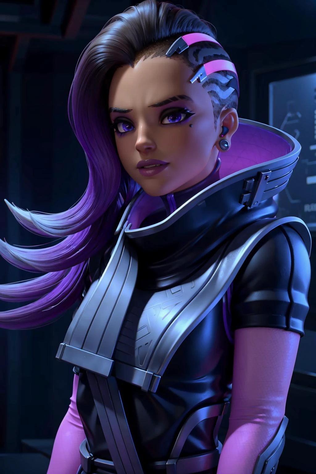 A woman in a futuristic outfit with purple hair and purple hair - SeaArt AI