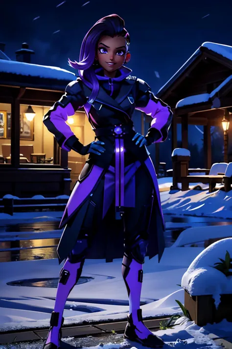 a woman in a purple outfit standing in the snow