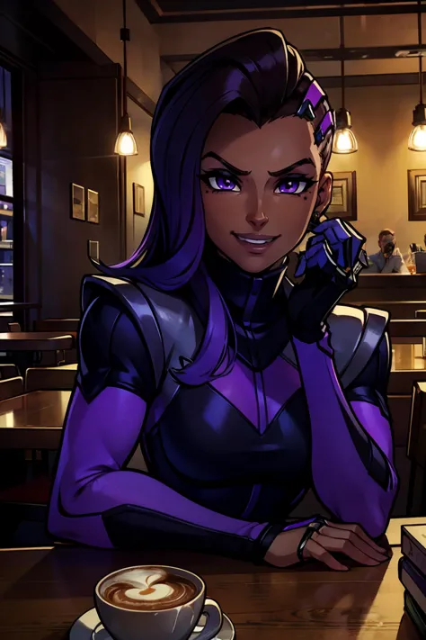 owsombra, purple eyes, mole under eye, looking at viewer, smiling, evil grin, upper body shot, sitting, inside a cafe, holding a...