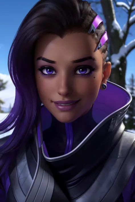 sombra, purple eyes, mole under eye, looking at viewer, smiling, close up portrait, outside, snow, field, trees, blue sky, high ...